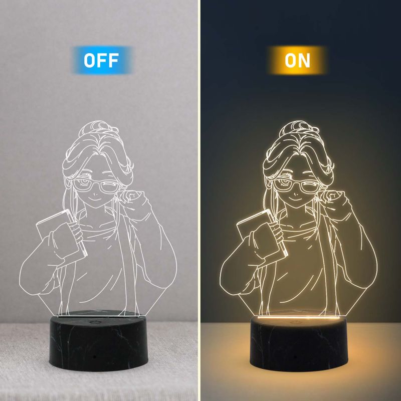 3D Illusion Anime Girl Night Lamp with Warm White Color Gifts for Doggy Lover Wooden Base